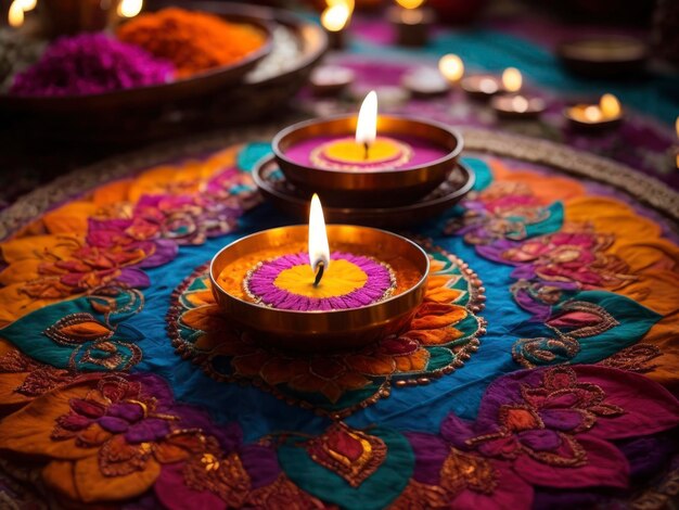 a table with a bunch of candles on it and a colorful table cloth