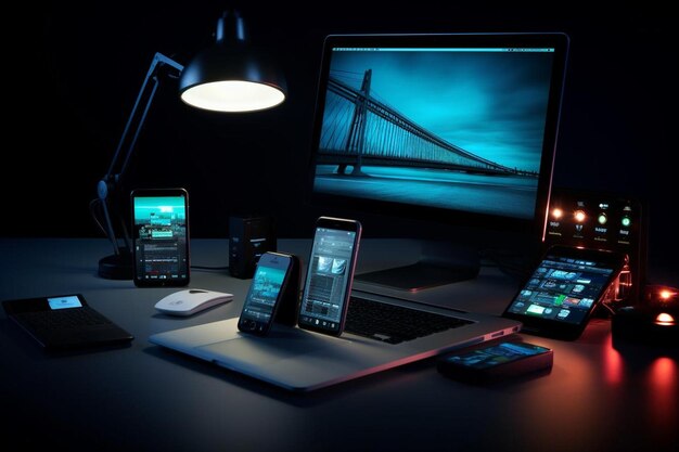 Photo a table with a bunch of cell phones and a monitor with a keyboard and a monitor on it