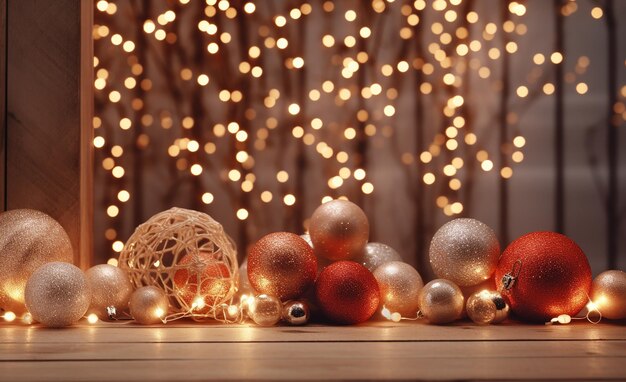 a table with a bunch of christmas balls and lights on it