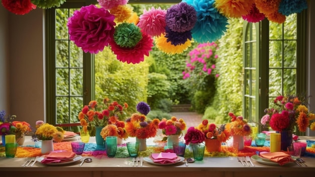 Стол с букетом разноцветных бумажных цветов, свисающих с потолка.