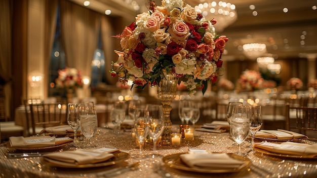 a table with a bunch of flowers and candles on it