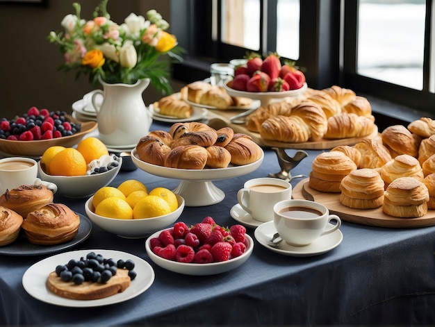 a table with a bunch of food on it and a vase of flowers