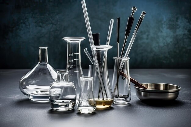 A table with a bunch of glass beakers and a metal container with a metal container that says'glass'on it