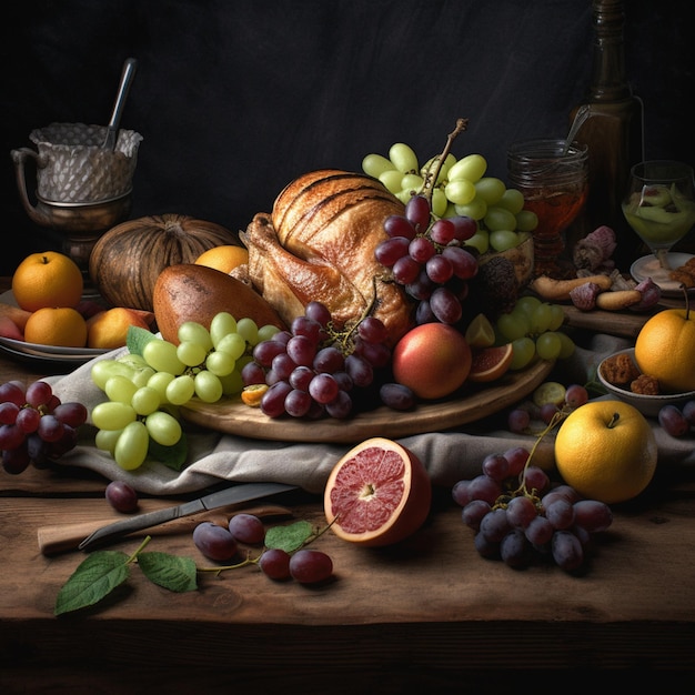 A table with a bunch of grapes and grapes on it