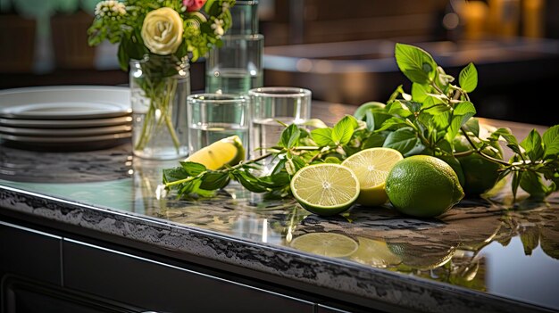 a table with a bunch of limes and flowers