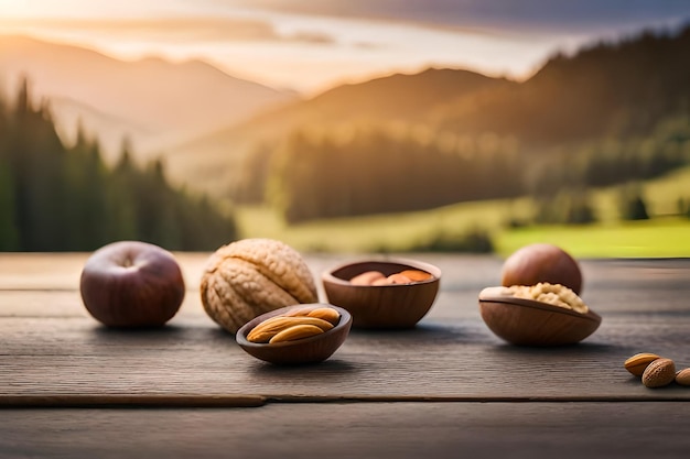 a table with a bunch of nuts and a sunset in the background.