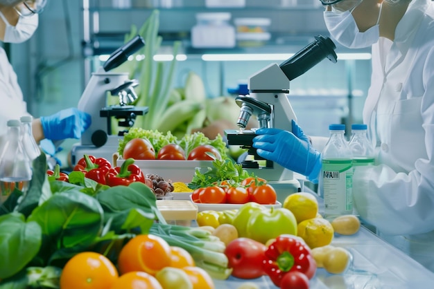 a table with a bunch of vegetables and fruits and quality check using a microscope