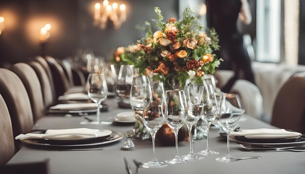 Photo a table with a bunch of wine glasses and flowers on it