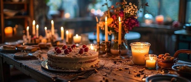 A table with a cake and candles on it