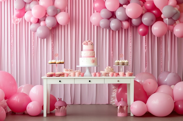 A table with a cake and cupcakes on it