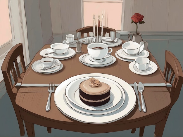 a table with a cake and cups of coffee on it and a vase of roses