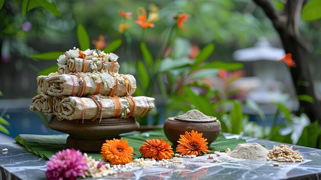 A table with a cake and flowers on it and a pot of flowers in the background with a cloth on top