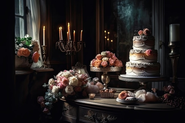 A table with a cake and flowers on it