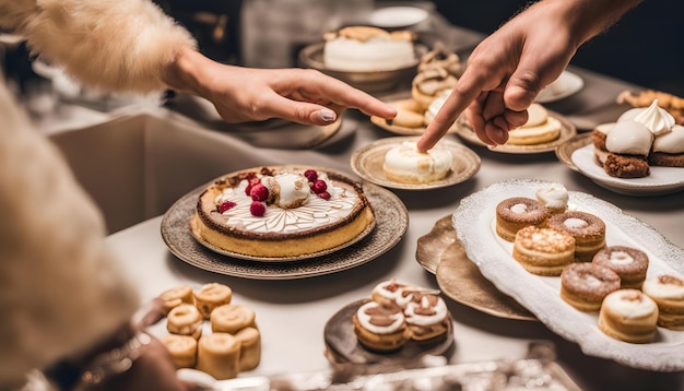 テーブルの上にケーキと人の手があるテーブル