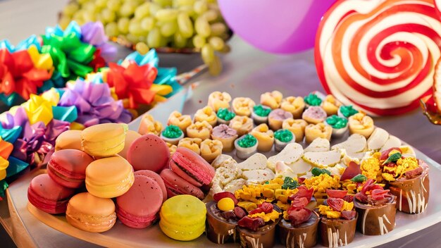 Photo table with candies and party decorations