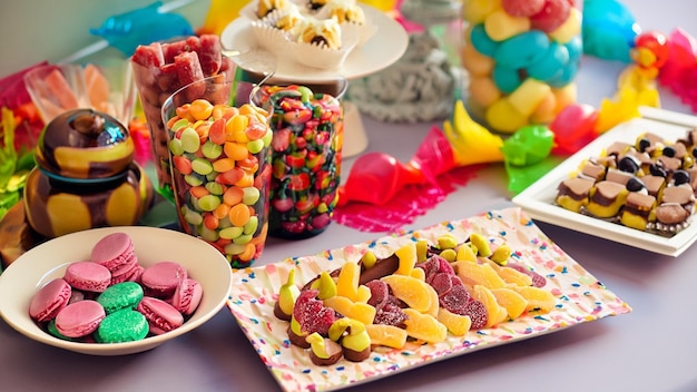 table with candies and party decorations