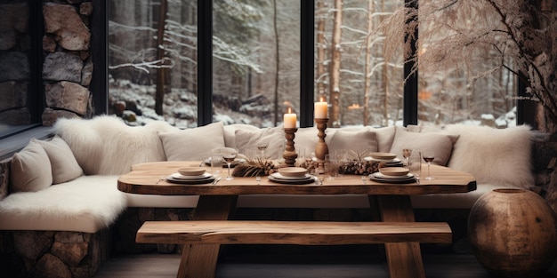 A table with a candle and a bench in front of a window