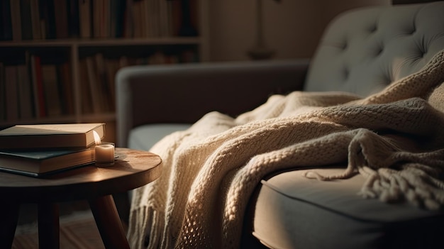 A table with a candle and a blanket on it