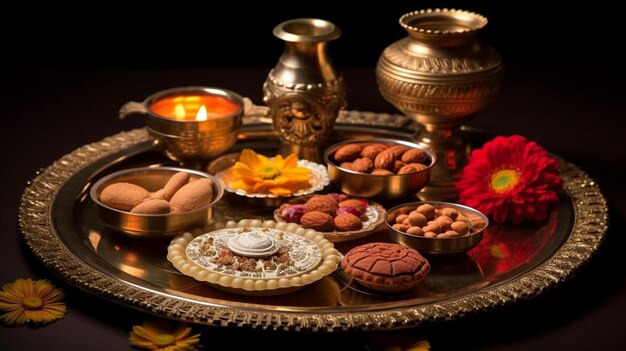 Photo a table with a candle and a bowl of cookies and a candle