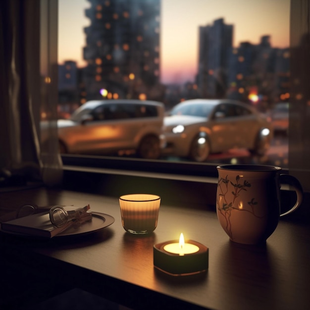 A table with a candle and a car in the background