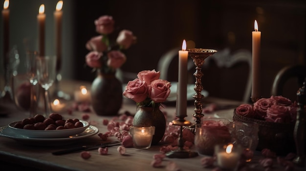 A table with a candle and flowers on it