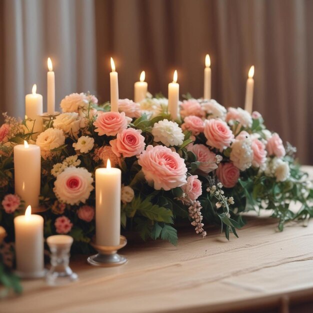 Photo a table with a candle and flowers on it