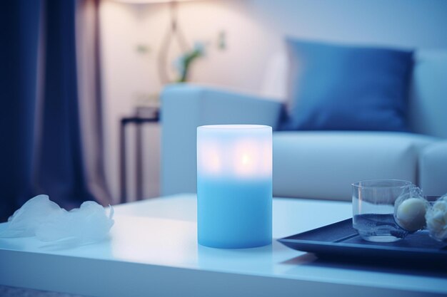 A table with a candle and a plate of food on it