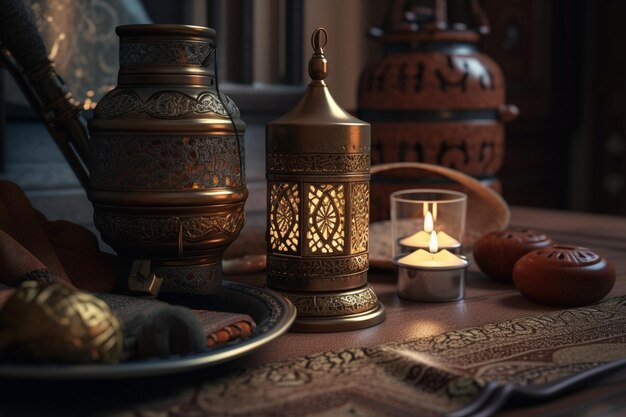 A table with a candle and a plate of food on it