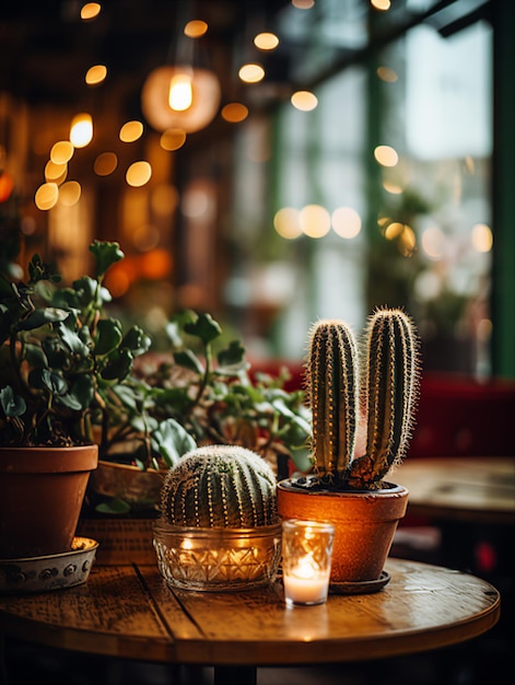 a table with a candle and potted cactus