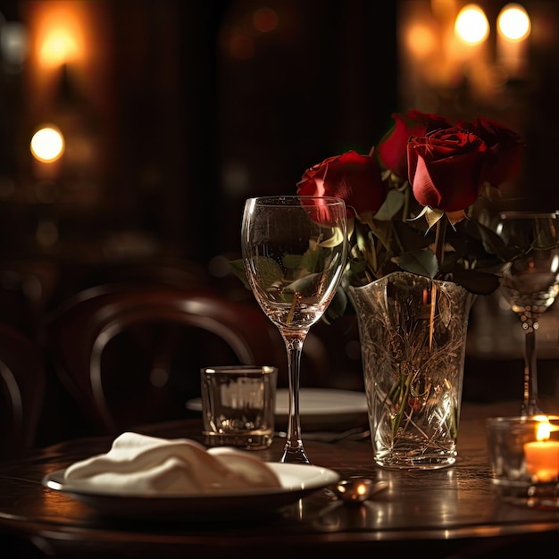 A table with a candle and roses on it