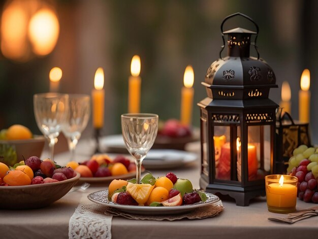 Photo a table with a candle that has a candle in it