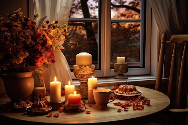 A table with a candle and a vase with flowers on it