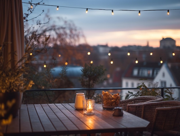 a table with a candle and a view of the city