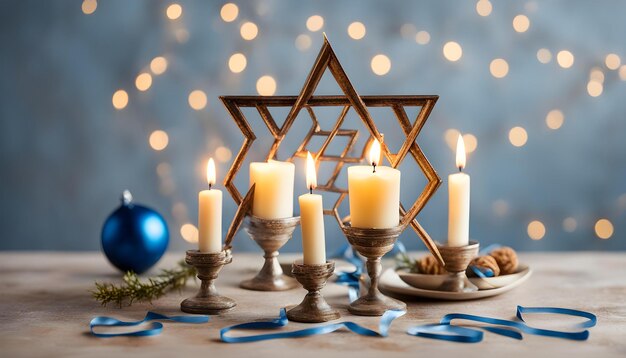 a table with candles and a blue ball and a christmas tree in the background
