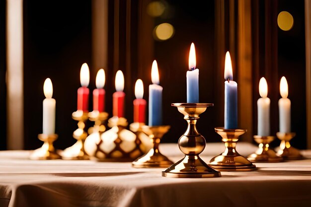 A table with candles and candles in front of a candle holder.