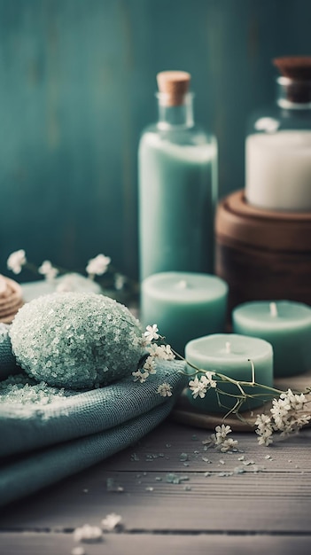 Photo a table with candles and candles with sea salt on it