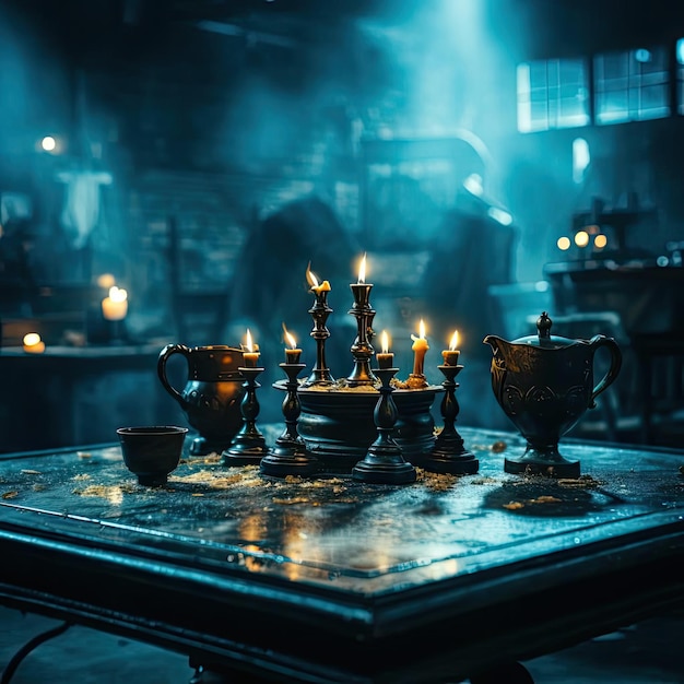 주위에 연기로 덮인 촛불이 있는 테이블