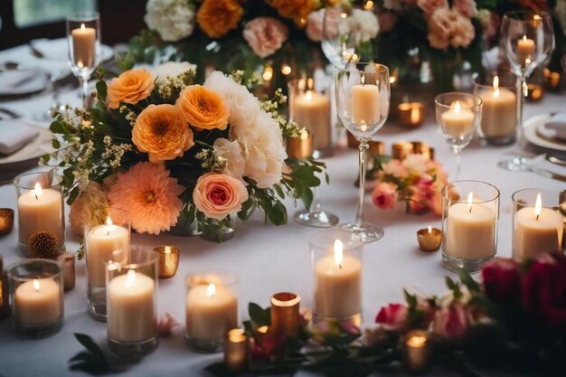 a table with candles and flowers and candles