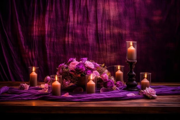 A table with candles and flowers in front of a purple curtain