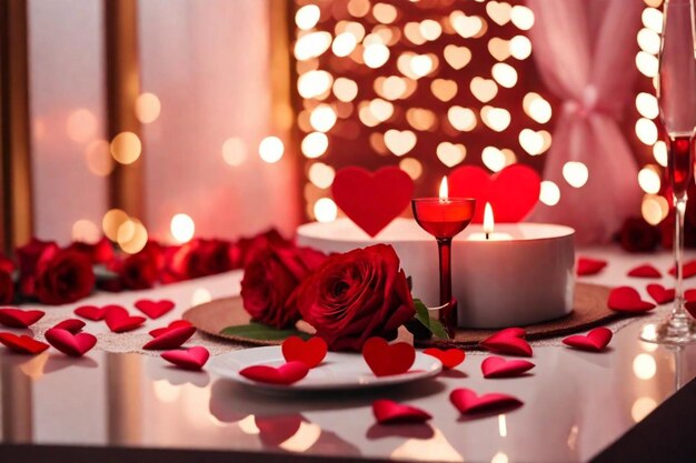 Photo a table with candles and flowers and a heart shaped candle