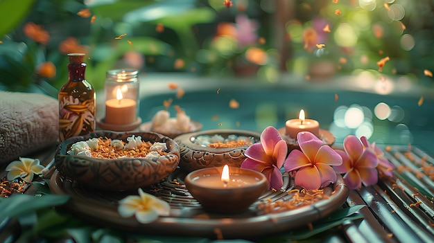 A table with candles and flowers on it and a plate with a candle on it and a bottle of oil candles