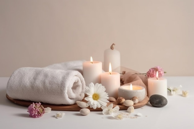 A table with candles and flowers on it