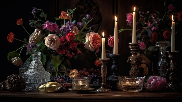 A table with candles and flowers on it