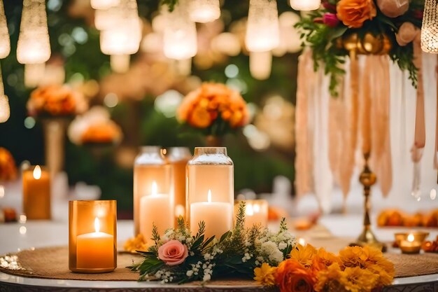 A table with candles and flowers on it