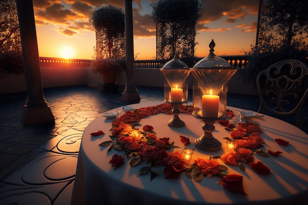 a table with candles and flowers on it