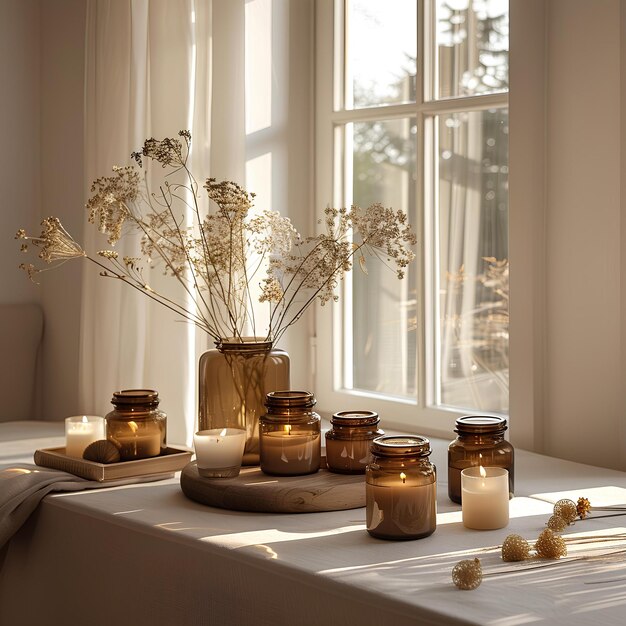 A table with candles and flowers in jars on it and a window behind it with curtains and a white