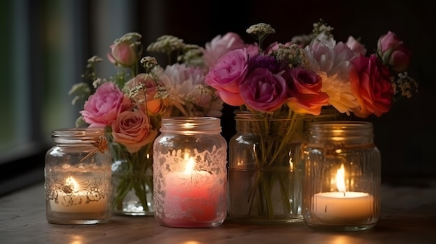 A table with candles and flowers