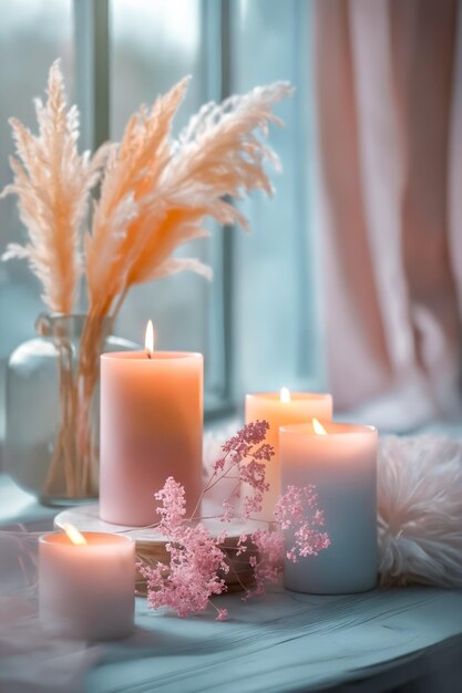 Photo a table with candles and flowers