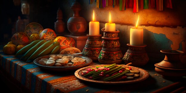 A table with candles and food on it