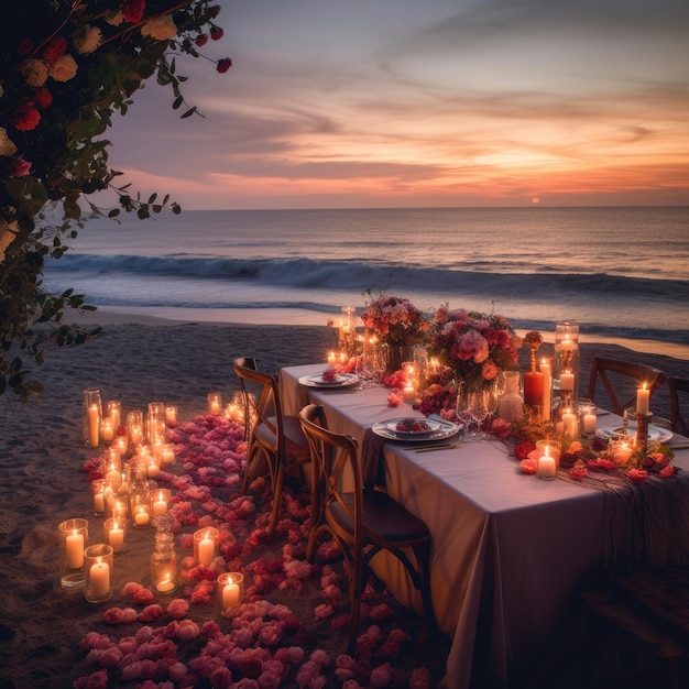 A table with candles on it and a candle on the beach